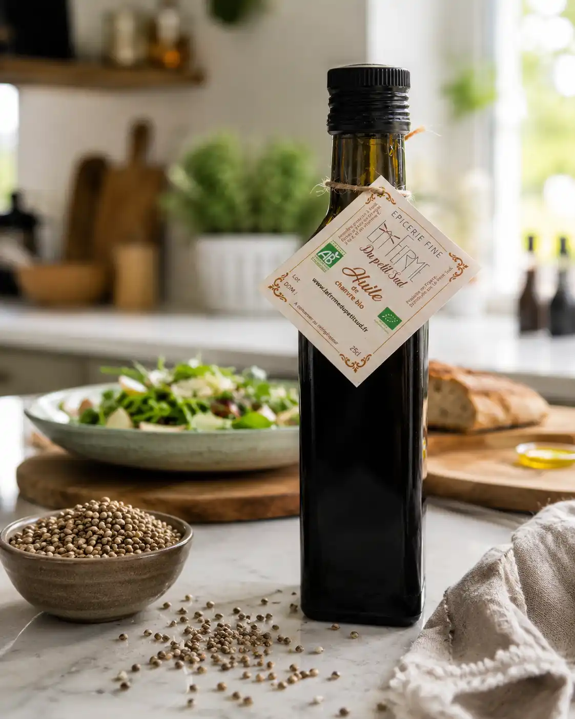 Huile-de-chanvre-classique-issue-par-une-première-pression-à-froid-des-graines-complètes-la-bouteille-est-posée-sur-une-table-en-bois-de-cuisine-dans-un-cadre-lumineux
