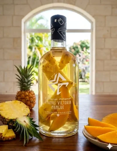 Ananas-mangue-bouteille-fermée-sur -une-table-en-bois-à-proximité-dune-fenêtre