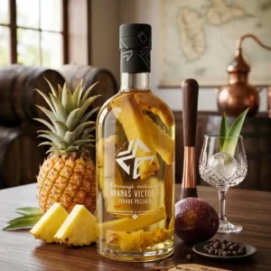Rhum-Ananas-poivre-passion-bouteille-fermée-posée-sur-un-table-en-bois-avec-en-arrière-fond-des-fûts-de-chêne