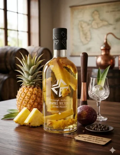 Rhum-Ananas-poivre-passion-bouteille-fermée-posée-sur-un-table-en-bois-avec-en-arrière-fond-des-fûts-de-chêne