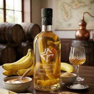 Rhum-banane-caramel-beurre-salé-artisanal-robe-cuivrée-rhum-blanc-de-la-Guadeloupe-fruits frais