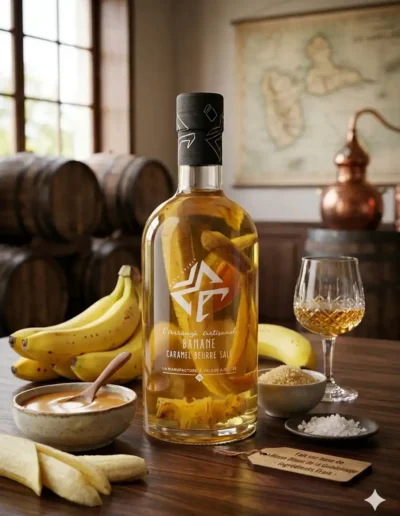 Rhum-banane-caramel-beurre-salé-artisanal-robe-cuivrée-rhum-blanc-de-la-Guadeloupe-fruits frais