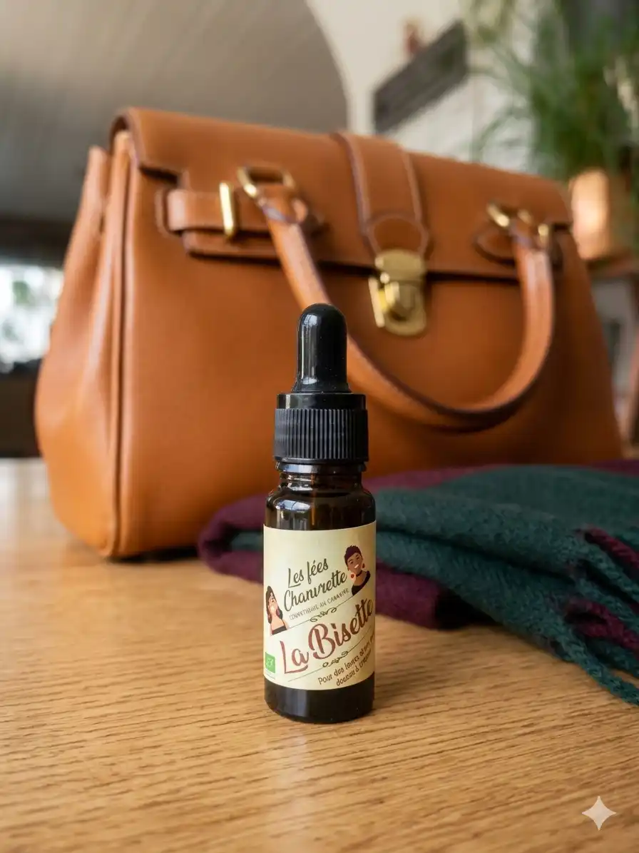 Bisette-huile-de-chanvre-format-de-poche-10ml-devant-un-sac-à-main