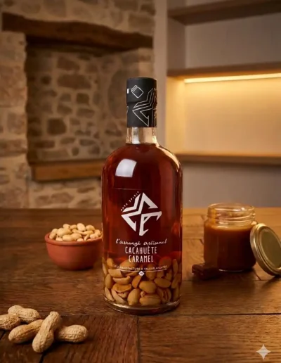 Cacahuète-caramel-bouteille-fermée-sur-une-table-en-bois-mur-en-pierres-naturelles-pot-de-caramel-et-cacahuètes-à-proximité-de-la-bouteille