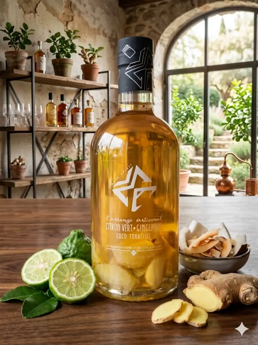 Citron-vert-gingembre-coco-torréfiée-bouteille-fermée-sur-une-table-en-bois-décor-rustique