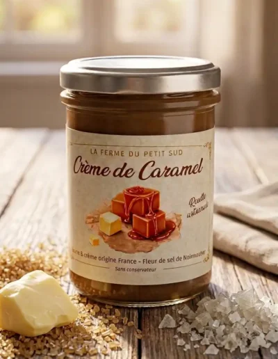 Crème-de-caramel-le-pot-est-fermé-sur-une-table-de-cuisine-en-bois-entouré-de-sucre-beurre-et-fleur-de-sel