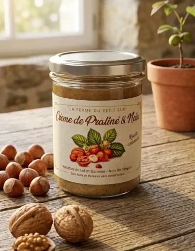 Crème-de-praliné-noisettes-du-lot-et-garonne-et-noix-du-périgord-le-pot-est-sur-une-table-de-cuisine-en-bois-avec-des-noisettes-et-noix-autour