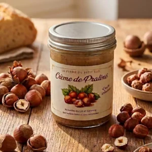 Crème-de-praliné-noisettes-du-lot-et-garonne-le-pot-est-popsé-sur-une-table-en-bois-rustique-avec-des-noisettes-autour-et-une-miche-de-bon-pain-en-arrière-plan
