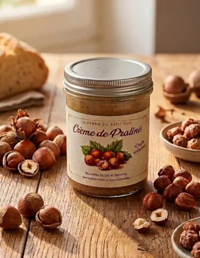 Crème-de-praliné-noisettes-du-lot-et-garonne-le-pot-est-popsé-sur-une-table-en-bois-rustique-avec-des-noisettes-autour-et-une-miche-de-bon-pain-en-arrière-plan
