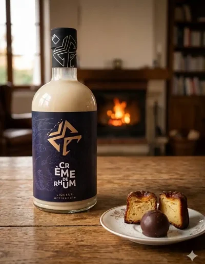 Crème-de-rhum-la-bouteille-est-pleine-su-une-table-en-bois-dan-u-intérieur-cosy-avec-un-feu-de-cheminée-en-arrière-plan