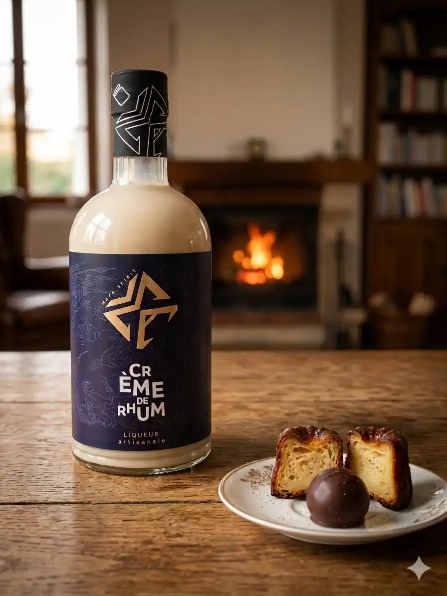 Crème-de-rhum-la-bouteille-est-pleine-su-une-table-en-bois-dan-u-intérieur-cosy-avec-un-feu-de-cheminée-en-arrière-plan