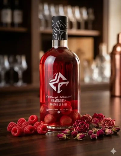 Framboise-boutons-de-rose-la-bouteille-de-ce-divin-punch-au-rhum-a-une-superbe-robe-rose-gourmande-elle-est-posée-sur-une-table-en-bois-et-est-entourée-de-belles-framboises-fraiches