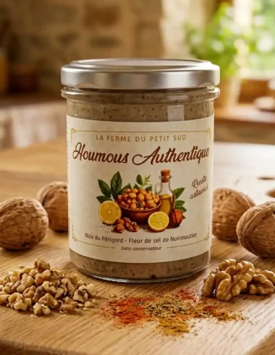 Houmous-authentique-le-pot-est-sur--une-table-en-bois-épices-et-cerneaux-de-noix-autour