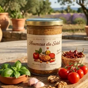 Houmous-du-soleil-dans-un-jardin-de-style-provençal-le-pot-est-posé-sur-une-planche-en-bois-entouré-de-tomates-ail-basilic-frais-et-de-piment-despelette