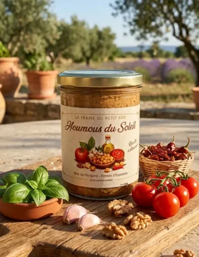 Houmous-du-soleil-dans-un-jardin-de-style-provençal-le-pot-est-posé-sur-une-planche-en-bois-entouré-de-tomates-ail-basilic-frais-et-de-piment-despelette