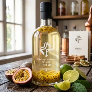 Passion-citron-vert-bouteille-pleine-sur-une-vieille-table-en-bois