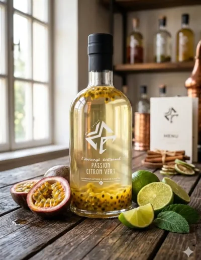 Passion-citron-vert-bouteille-pleine-sur-une-vieille-table-en-bois