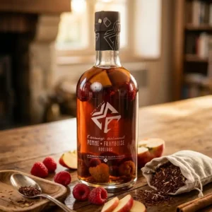 Rhum-arrangé-pomme-framboise-infusion-de-rooibos-bouteille-fermée-sur-une-table-de-salon-en-bois-framboises-fraîches-à-proximité-avec-lamelles-de-pommes-et-rooibos