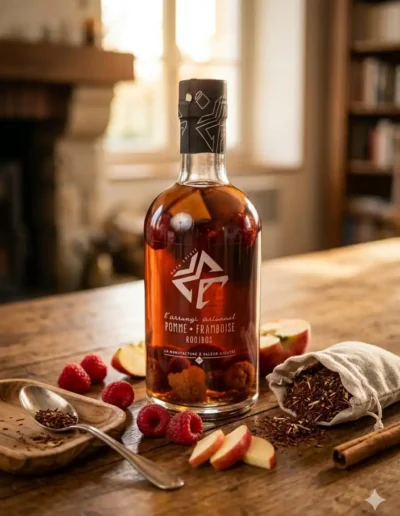 Rhum-arrangé-pomme-framboise-infusion-de-rooibos-bouteille-fermée-sur-une-table-de-salon-en-bois-framboises-fraîches-à-proximité-avec-lamelles-de-pommes-et-rooibos
