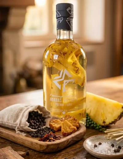 Rhum-arrangé-ananas-victoria-poivre-fumé-sur-une-table-en-bois-dans-intérieur-rustiue-et-chaleureux-ananas-frais-et-grains-de-poivre-fumé-à-côté