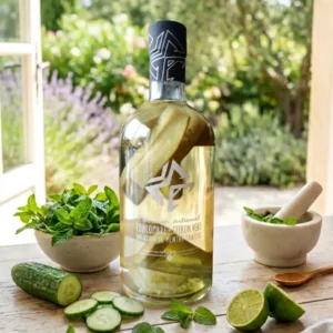 Rhum-concombre-citron-vert-infusion-de-menthe-fraîche-la-bouteille-pleine-est-posée-sur-unetable-en-bois-devant-une-porte-fenêtre-ouverte-donnant-sur-un-joli-jardin