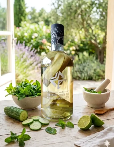 Rhum-concombre-citron-vert-infusion-de-menthe-fraîche-la-bouteille-pleine-est-posée-sur-unetable-en-bois-devant-une-porte-fenêtre-ouverte-donnant-sur-un-joli-jardin