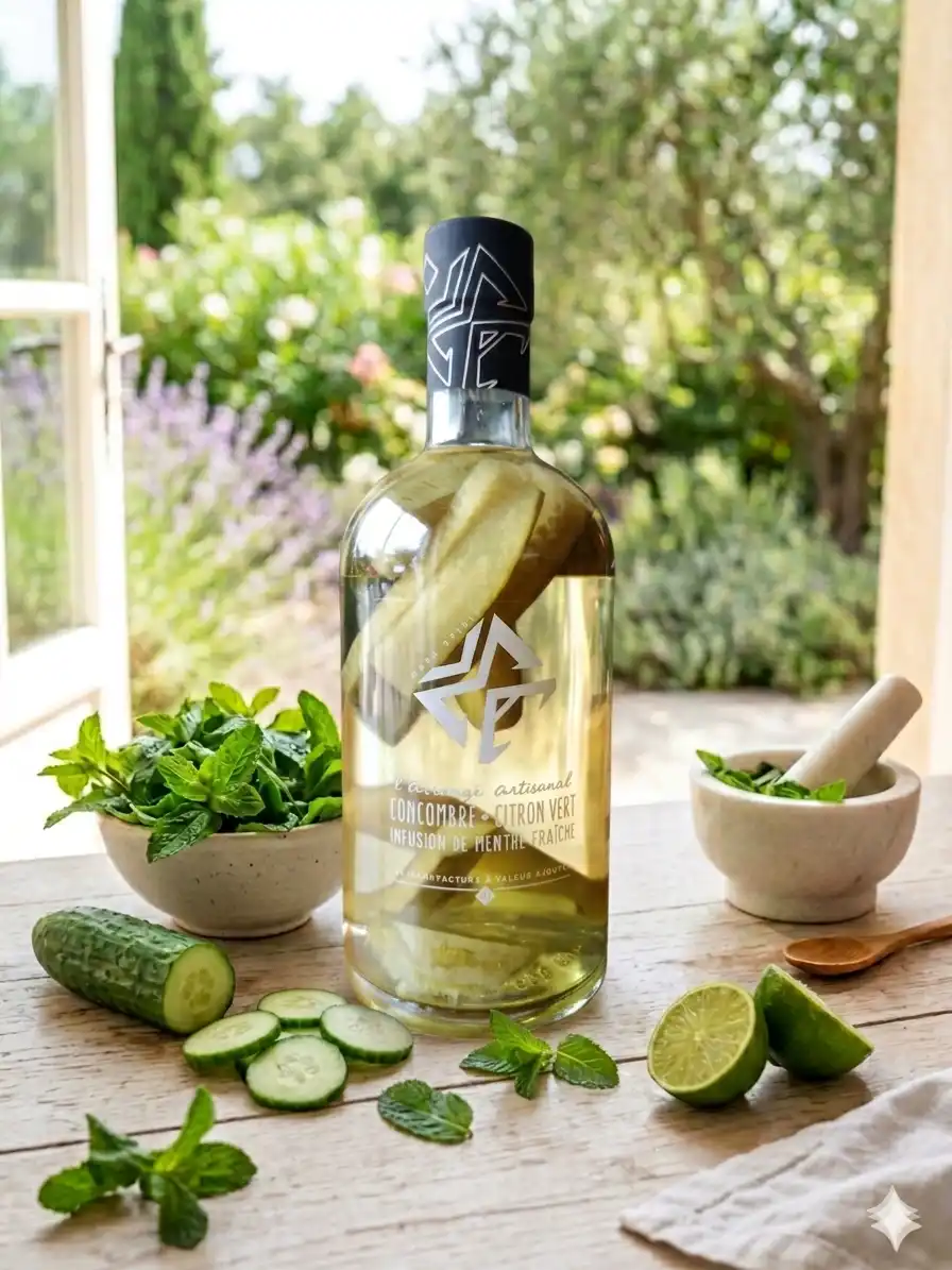 Rhum-concombre-citron-vert-infusion-de-menthe-fraîche-la-bouteille-pleine-est-posée-sur-unetable-en-bois-devant-une-porte-fenêtre-ouverte-donnant-sur-un-joli-jardin