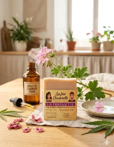 Savon-surgras-huile-de-chanvre-parfum-délicat-geranium-bourbon-couleur-rose-pastel