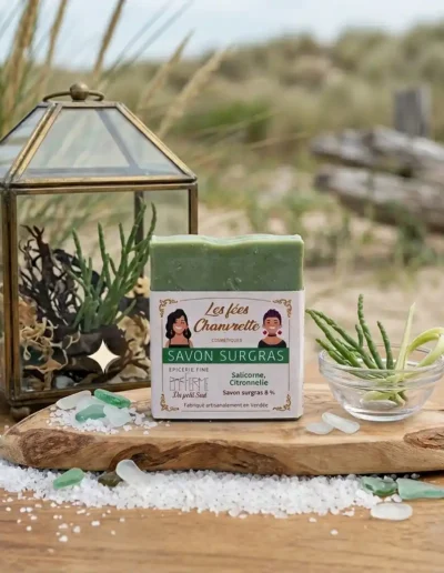 Savon-surgras-salicorne-citronnelle-sur-la-plage-près-dune-branche-en-bois-flotté
