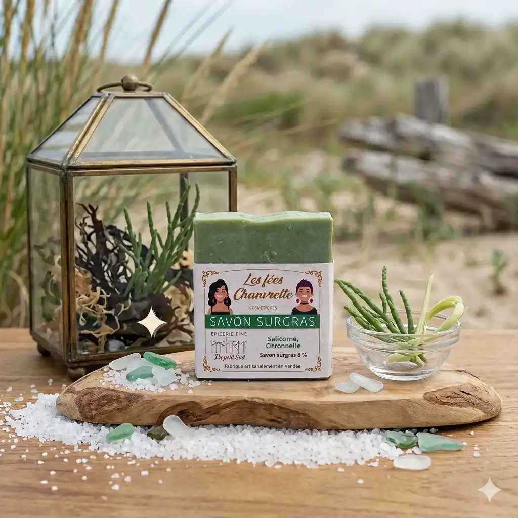 Savon-surgras-salicorne-citronnelle-sur-la-plage-près-dune-branche-en-bois-flotté