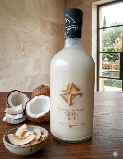 punch-coco-bouteille-posée-sur-une-table-en-bois-décor-rustique-mur-en-pierre