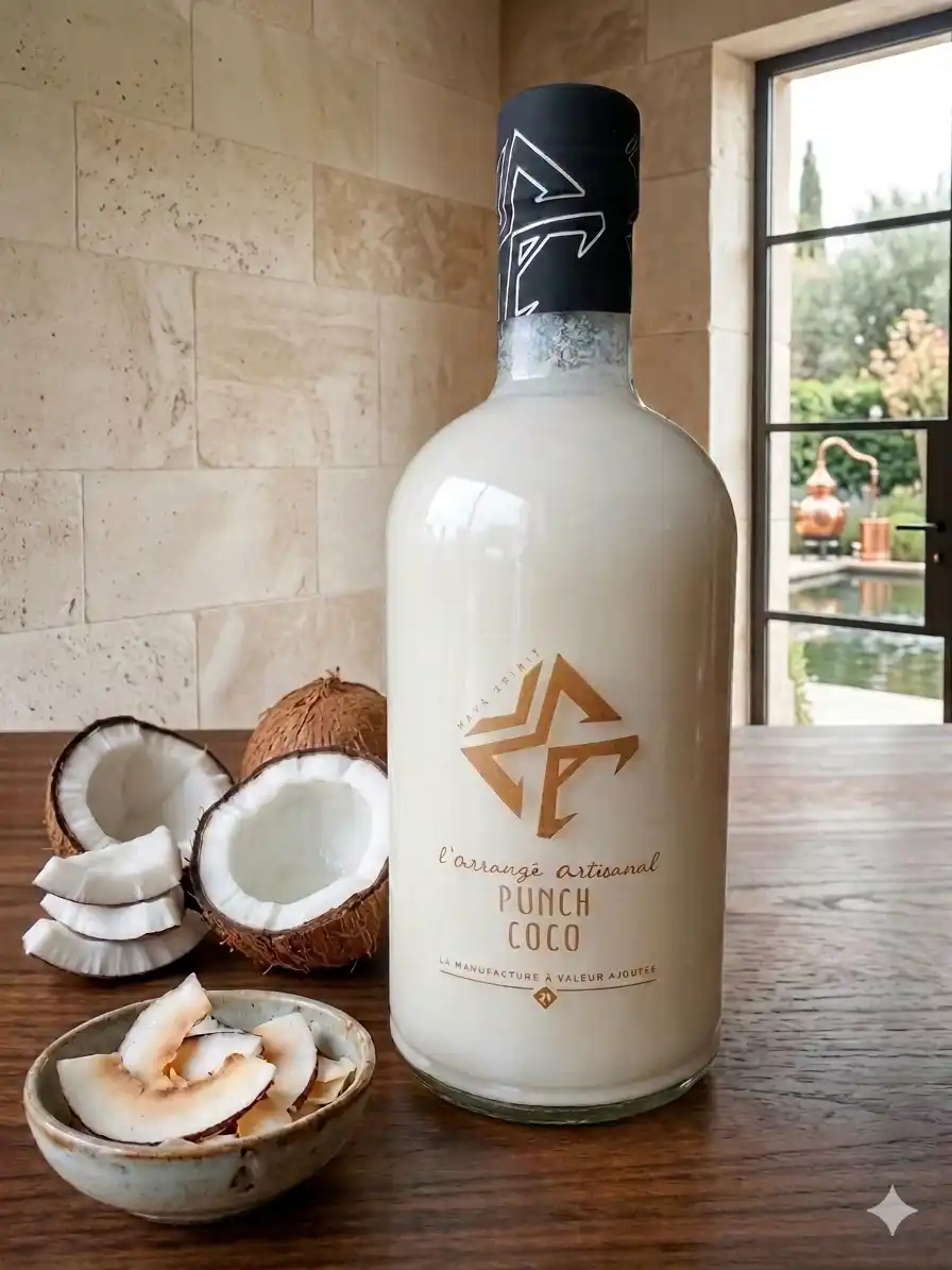 punch-coco-bouteille-posée-sur-une-table-en-bois-décor-rustique-mur-en-pierre