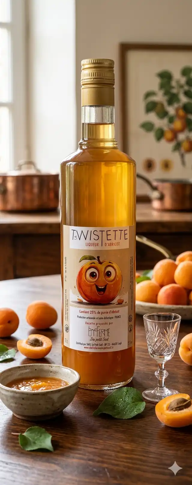 liqueur-artisanale-dabricot-frais-la-bouteille-est-dans-une-cuisine-rustique-et-chaleureuse-des-abricots-frais-sont-également-présents-dans-le-décor